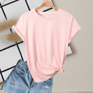 Crew neck t-shirt women's short - sleeved summer 2025 solid color new short - sleeved cotton - containing t-shirt casual versatile top - Negative Apparel