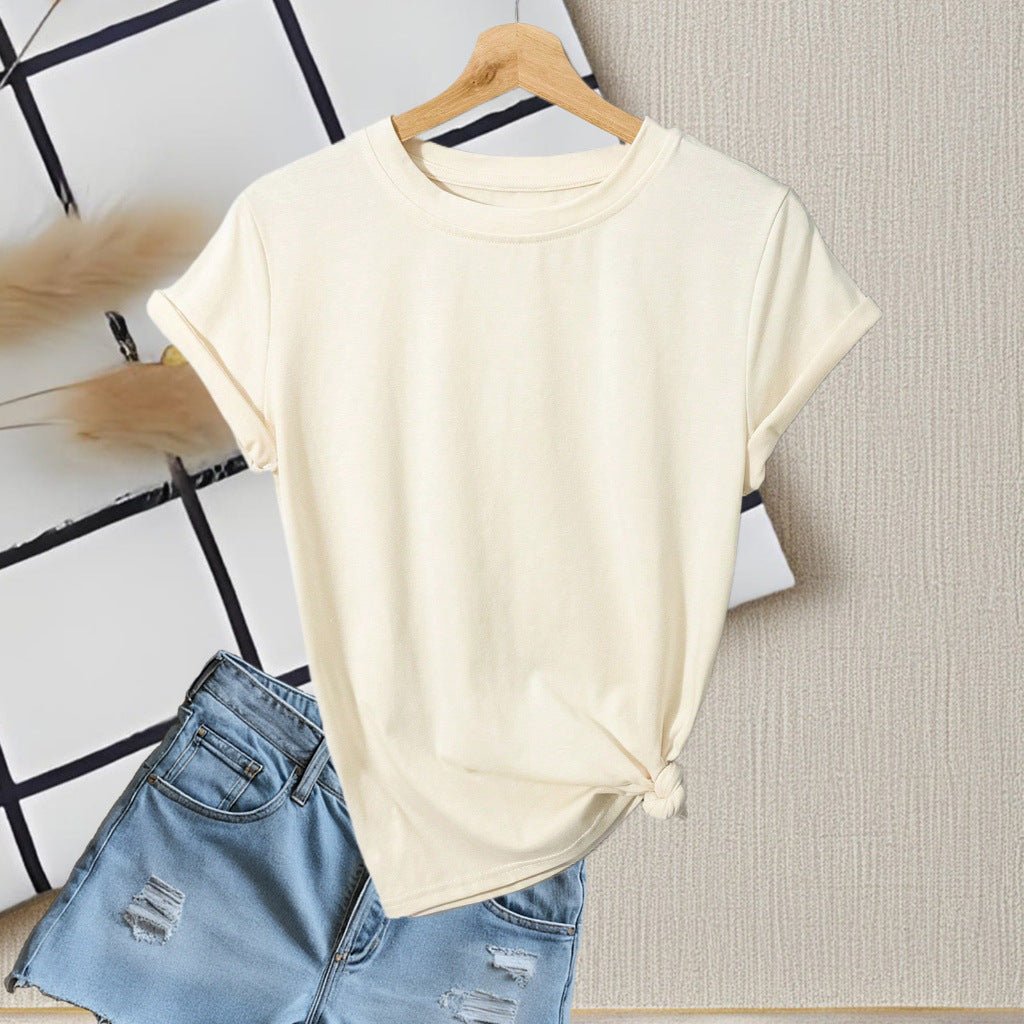 Crew neck t-shirt women's short - sleeved summer 2025 solid color new short - sleeved cotton - containing t-shirt casual versatile top - Negative Apparel