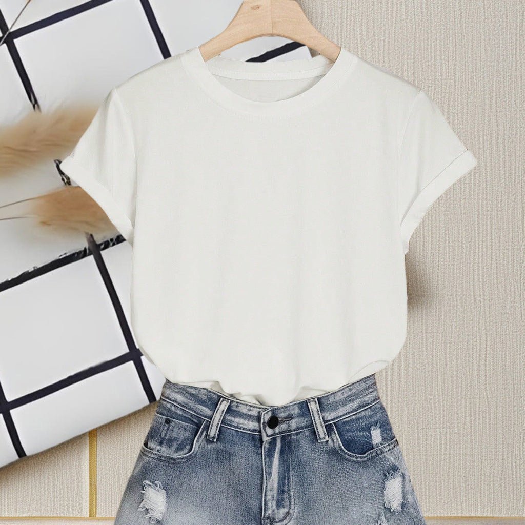 Crew neck t-shirt women's short - sleeved summer 2025 solid color new short - sleeved cotton - containing t-shirt casual versatile top - Negative Apparel