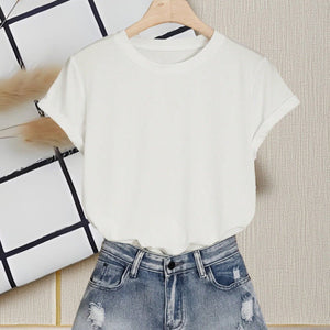 Crew neck t-shirt women's short - sleeved summer 2025 solid color new short - sleeved cotton - containing t-shirt casual versatile top - Negative Apparel