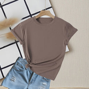 Crew neck t-shirt women's short - sleeved summer 2025 solid color new short - sleeved cotton - containing t-shirt casual versatile top - Negative Apparel