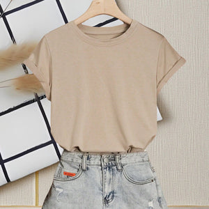 Crew neck t-shirt women's short - sleeved summer 2025 solid color new short - sleeved cotton - containing t-shirt casual versatile top - Negative Apparel