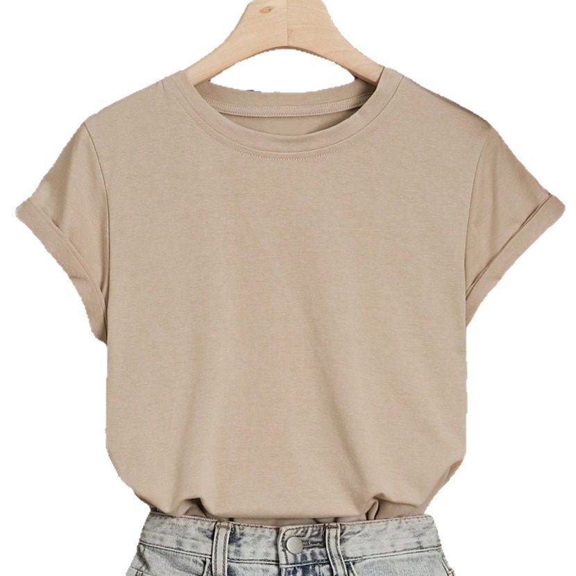 Crew neck t-shirt women's short - sleeved summer 2025 solid color new short - sleeved cotton - containing t-shirt casual versatile top - Negative Apparel