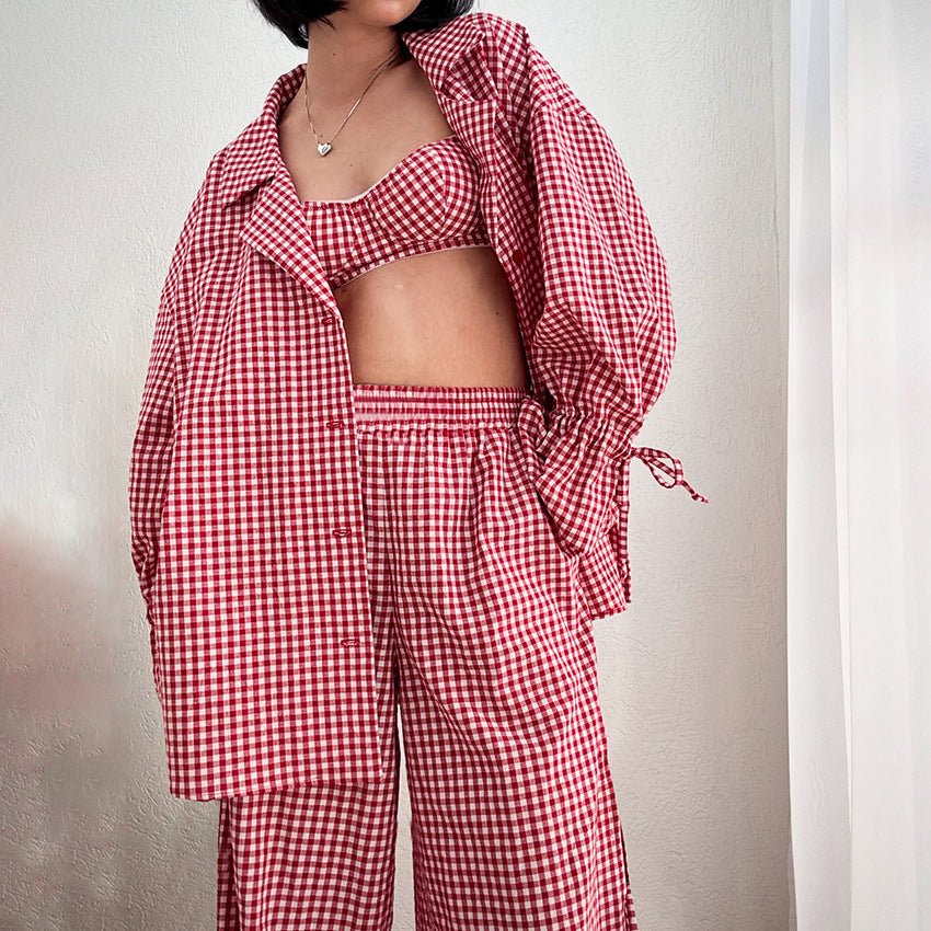 Crimson Classic | 100% Cotton Plaid 3 - Piece Pajama Set - Negative Apparel