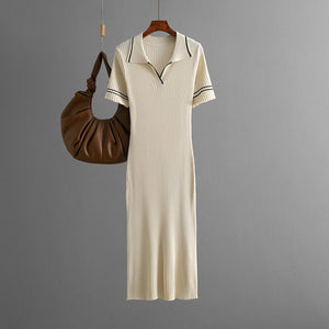 Cross - border 2025 summer new solid - color lapel POLO slim - fit hip - wrapped and thin knitted short - sleeved dress for women - Negative Apparel