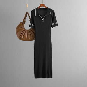 Cross - border 2025 summer new solid - color lapel POLO slim - fit hip - wrapped and thin knitted short - sleeved dress for women - Negative Apparel