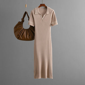 Cross - border 2025 summer new solid - color lapel POLO slim - fit hip - wrapped and thin knitted short - sleeved dress for women - Negative Apparel