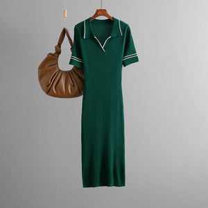 Cross - border 2025 summer new solid - color lapel POLO slim - fit hip - wrapped and thin knitted short - sleeved dress for women - Negative Apparel