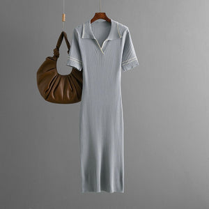 Cross - border 2025 summer new solid - color lapel POLO slim - fit hip - wrapped and thin knitted short - sleeved dress for women - Negative Apparel