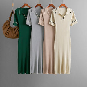 Cross - border 2025 summer new solid - color lapel POLO slim - fit hip - wrapped and thin knitted short - sleeved dress for women - Negative Apparel