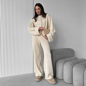 Cross - border knitted long - sleeved wide - leg trousers set Europe, America 2025 autumn and winter new zipper jacket trousers casual set - Negative Apparel