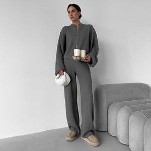 Cross - border knitted long - sleeved wide - leg trousers set Europe, America 2025 autumn and winter new zipper jacket trousers casual set - Negative Apparel