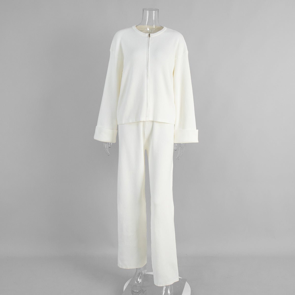 Cross - border knitted long - sleeved wide - leg trousers set Europe, America 2025 autumn and winter new zipper jacket trousers casual set - Negative Apparel