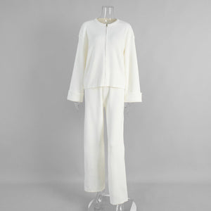 Cross - border knitted long - sleeved wide - leg trousers set Europe, America 2025 autumn and winter new zipper jacket trousers casual set - Negative Apparel