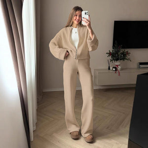 Cross - border knitted long - sleeved wide - leg trousers set Europe, America 2025 autumn and winter new zipper jacket trousers casual set - Negative Apparel