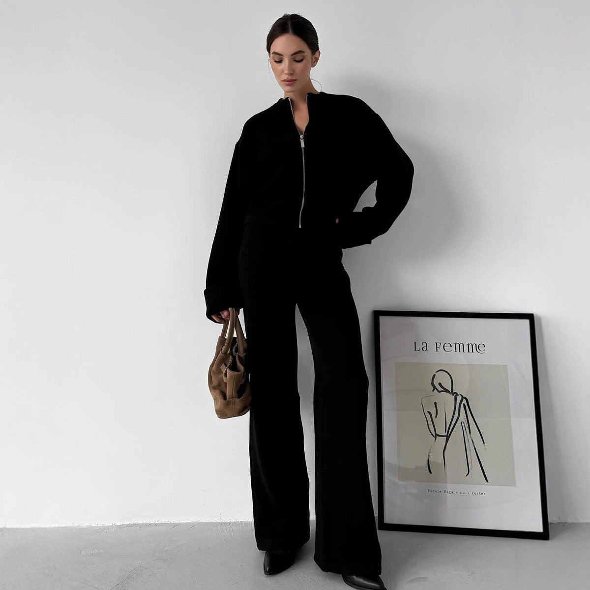 Cross - border knitted long - sleeved wide - leg trousers set Europe, America 2025 autumn and winter new zipper jacket trousers casual set - Negative Apparel