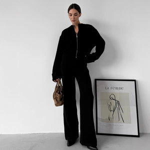 Cross - border knitted long - sleeved wide - leg trousers set Europe, America 2025 autumn and winter new zipper jacket trousers casual set - Negative Apparel