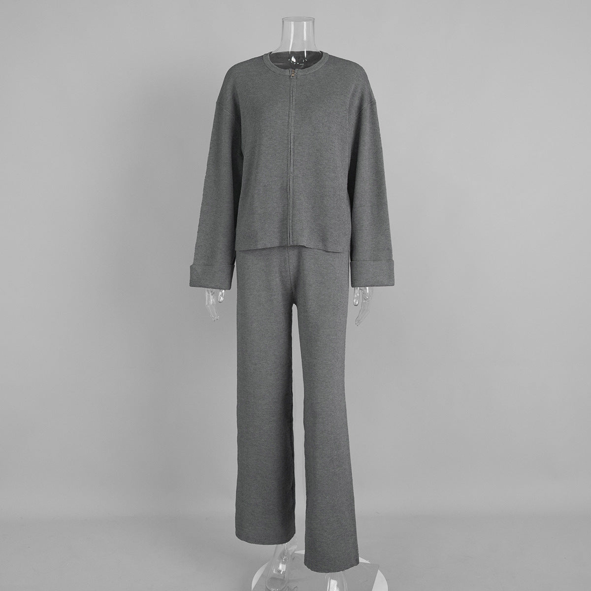 Cross - border knitted long - sleeved wide - leg trousers set Europe, America 2025 autumn and winter new zipper jacket trousers casual set - Negative Apparel