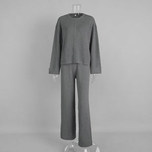 Cross - border knitted long - sleeved wide - leg trousers set Europe, America 2025 autumn and winter new zipper jacket trousers casual set - Negative Apparel