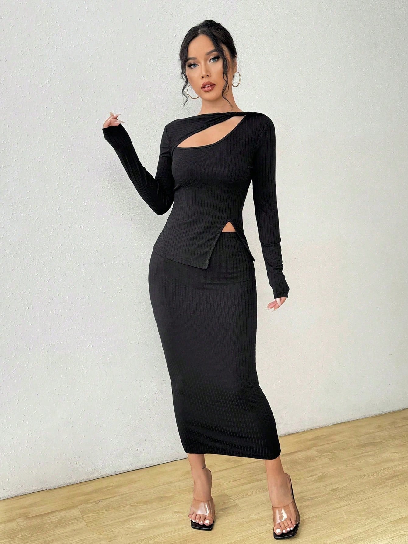 Cut Out Asymmetrical Hem Tee & Skirt - Negative Apparel