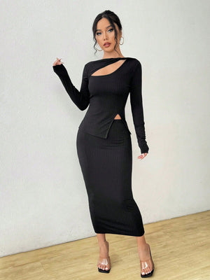 Cut Out Asymmetrical Hem Tee & Skirt - Negative Apparel