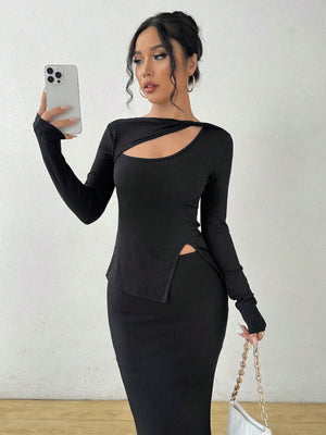 Cut Out Asymmetrical Hem Tee & Skirt - Negative Apparel