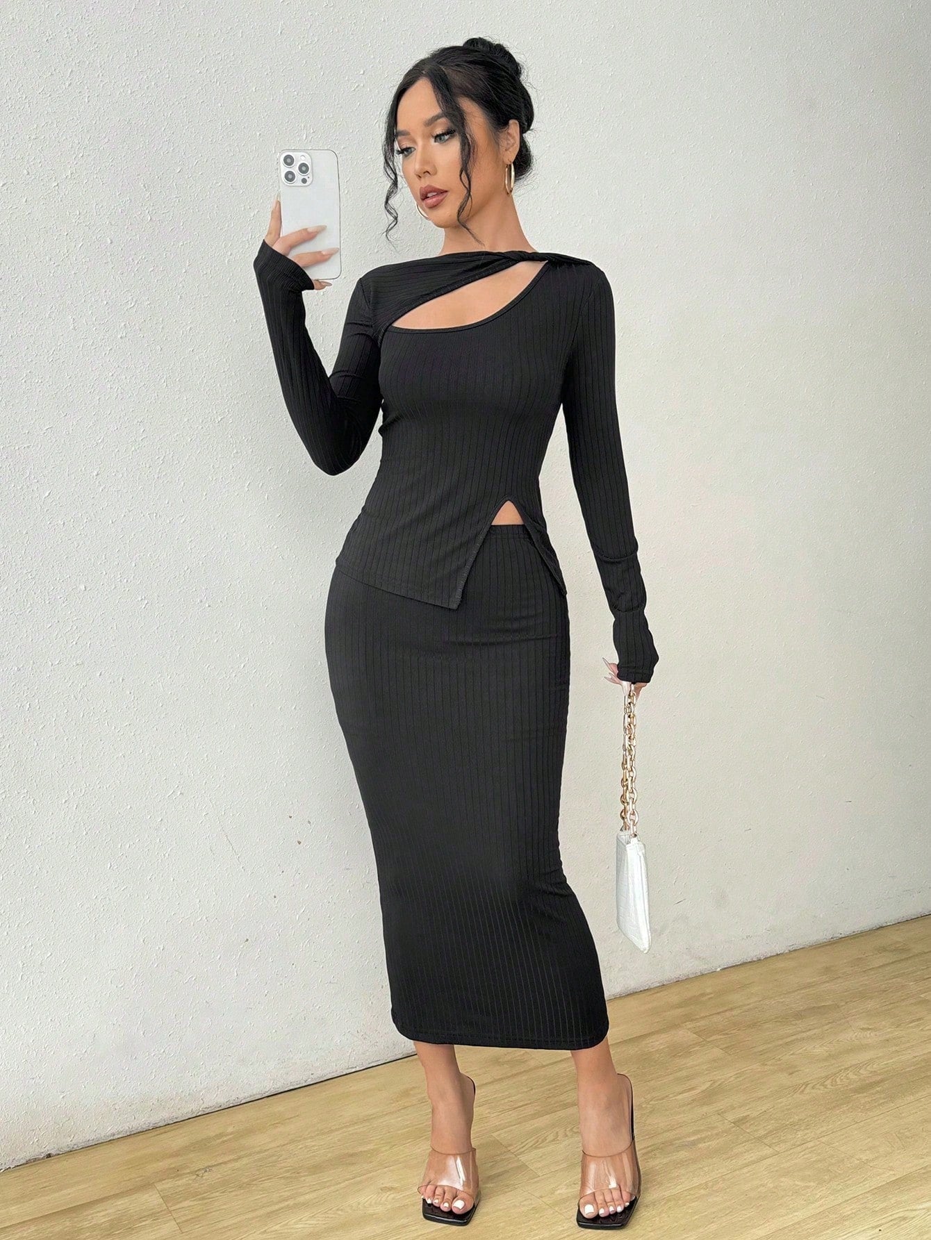 Cut Out Asymmetrical Hem Tee & Skirt - Negative Apparel