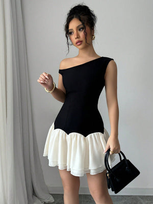 Dark And Light Color Block Woven Twill Splicing Organza Design Sleeveless Asymmetric Off - Shoulder New Women's Black Short Dress - Negative Apparel