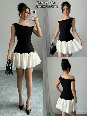 Dark And Light Color Block Woven Twill Splicing Organza Design Sleeveless Asymmetric Off - Shoulder New Women's Black Short Dress - Negative Apparel