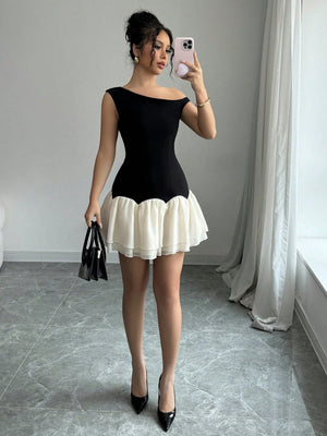 Dark And Light Color Block Woven Twill Splicing Organza Design Sleeveless Asymmetric Off - Shoulder New Women's Black Short Dress - Negative Apparel