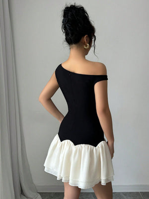 Dark And Light Color Block Woven Twill Splicing Organza Design Sleeveless Asymmetric Off - Shoulder New Women's Black Short Dress - Negative Apparel