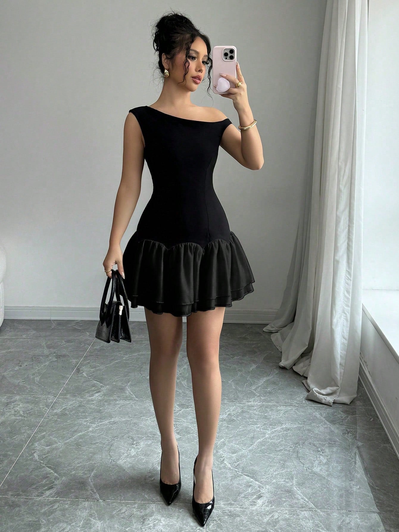 Dark And Light Color Block Woven Twill Splicing Organza Design Sleeveless Asymmetric Off - Shoulder New Women's Black Short Dress - Negative Apparel