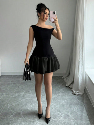 Dark And Light Color Block Woven Twill Splicing Organza Design Sleeveless Asymmetric Off - Shoulder New Women's Black Short Dress - Negative Apparel
