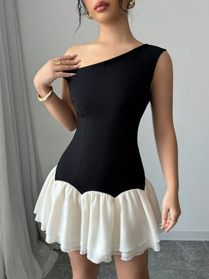 Dark And Light Color Block Woven Twill Splicing Organza Design Sleeveless Asymmetric Off - Shoulder New Women's Black Short Dress - Negative Apparel