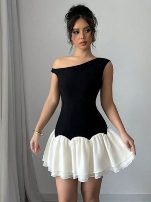 Dark And Light Color Block Woven Twill Splicing Organza Design Sleeveless Asymmetric Off - Shoulder New Women's Black Short Dress - Negative Apparel