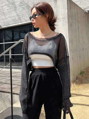 DAZY 1pc Drop Shoulder Crop Mesh Top - Negative Apparel