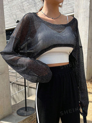 DAZY 1pc Drop Shoulder Crop Mesh Top - Negative Apparel