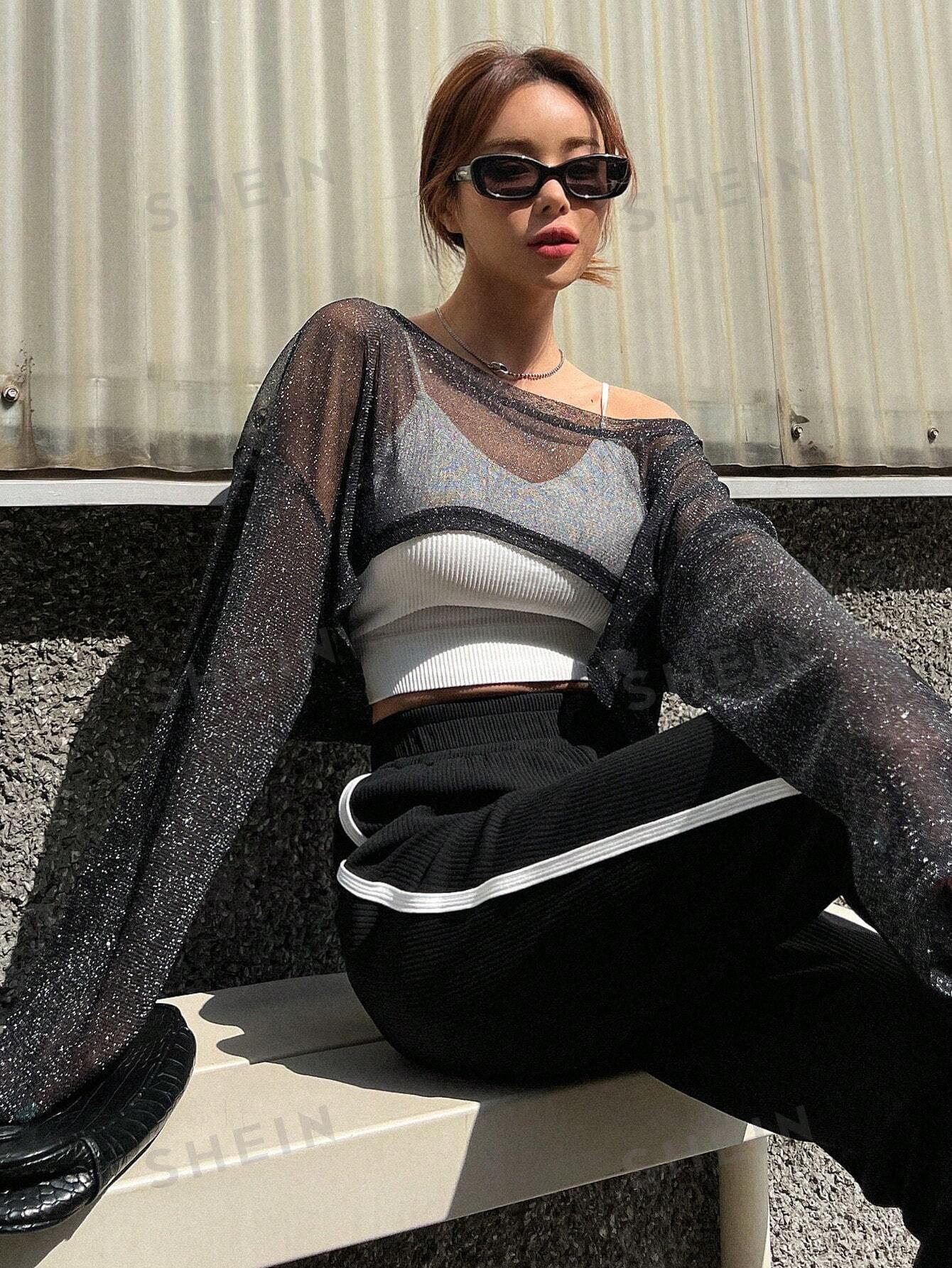 DAZY 1pc Drop Shoulder Crop Mesh Top - Negative Apparel