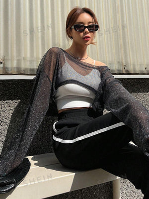 DAZY 1pc Drop Shoulder Crop Mesh Top - Negative Apparel