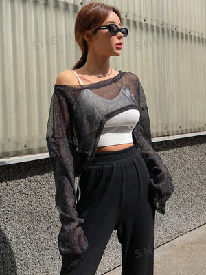 DAZY 1pc Drop Shoulder Crop Mesh Top - Negative Apparel