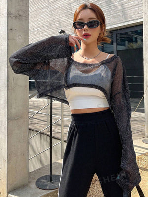 DAZY 1pc Drop Shoulder Crop Mesh Top - Negative Apparel