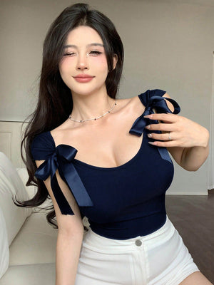 DAZY Women's Bowknot Tie Back Tight Short Sleeve T-Shirt - Negative Apparel