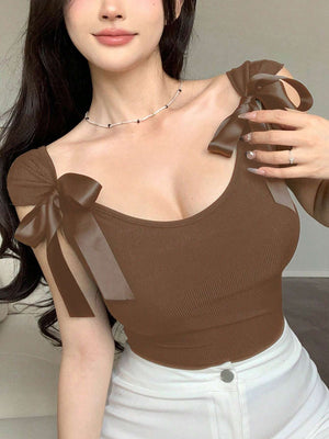 DAZY Women's Bowknot Tie Back Tight Short Sleeve T-Shirt - Negative Apparel