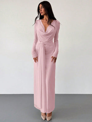 Deep Draped Neck Long Sleeve Tight - Fitting Mesh Lace Dress, Apricot, Romantic For Date & Outing - Negative Apparel