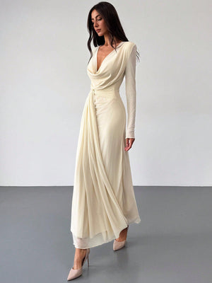 Deep Draped Neck Long Sleeve Tight - Fitting Mesh Lace Dress, Apricot, Romantic For Date & Outing - Negative Apparel