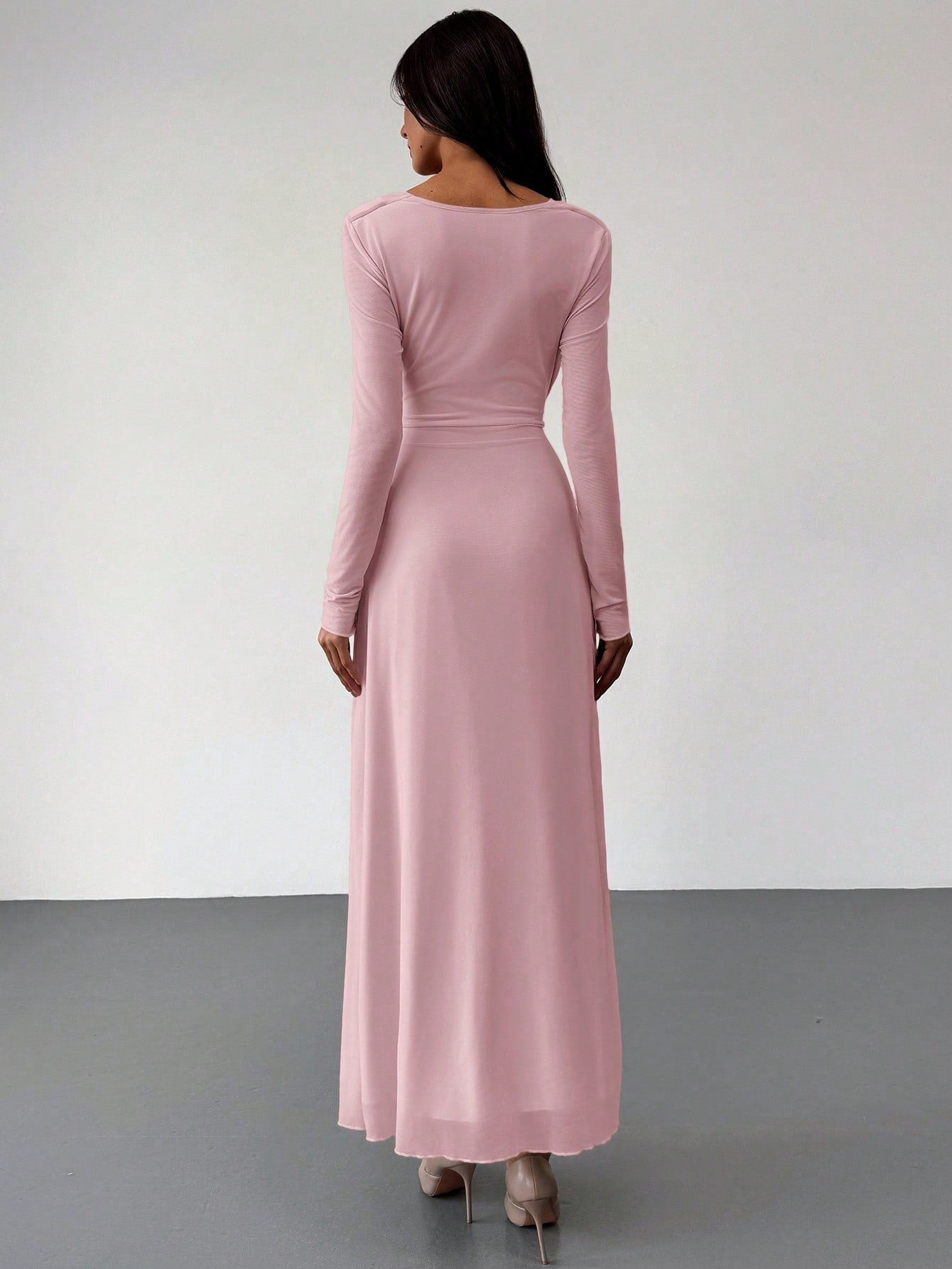 Deep Draped Neck Long Sleeve Tight - Fitting Mesh Lace Dress, Apricot, Romantic For Date & Outing - Negative Apparel