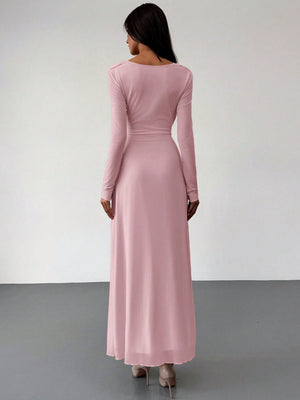 Deep Draped Neck Long Sleeve Tight - Fitting Mesh Lace Dress, Apricot, Romantic For Date & Outing - Negative Apparel