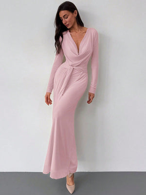Deep Draped Neck Long Sleeve Tight - Fitting Mesh Lace Dress, Apricot, Romantic For Date & Outing - Negative Apparel