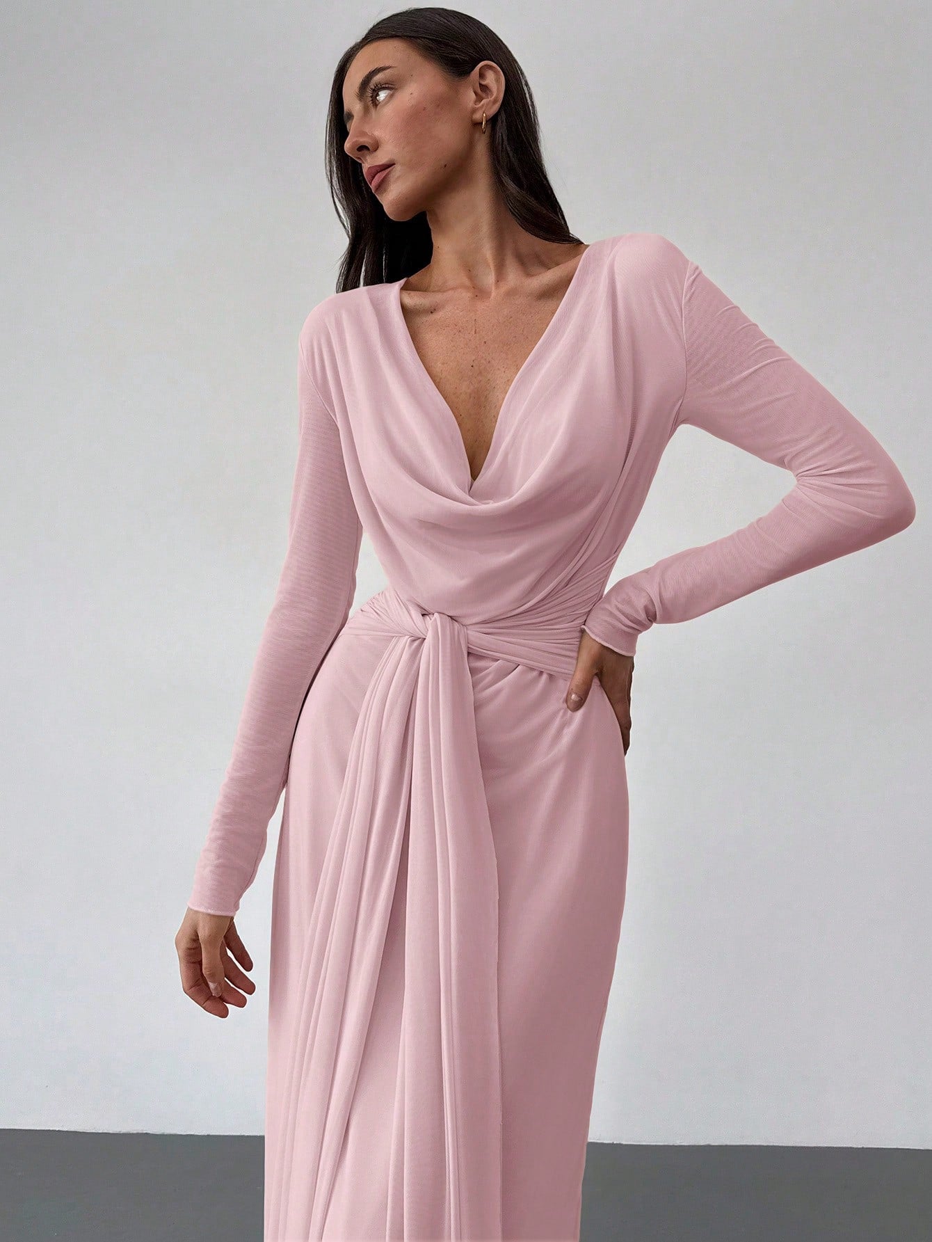Deep Draped Neck Long Sleeve Tight - Fitting Mesh Lace Dress, Apricot, Romantic For Date & Outing - Negative Apparel