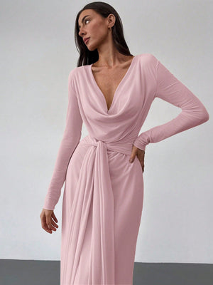 Deep Draped Neck Long Sleeve Tight - Fitting Mesh Lace Dress, Apricot, Romantic For Date & Outing - Negative Apparel